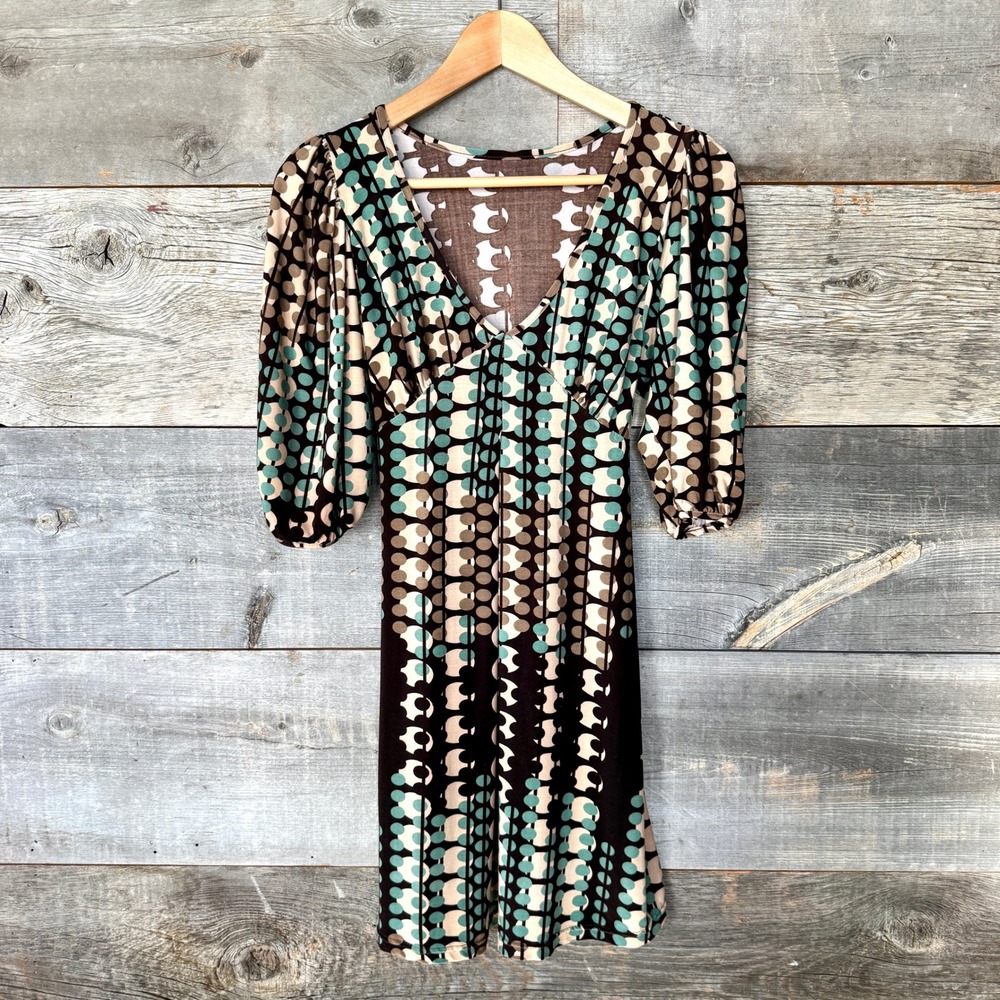 Geometric Y2K Baby Doll Dress XS/S Brown Teal‎ Stretch Puff Sleeve Boho Fairy